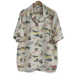 Vintage Bon Worth Outdoors Farm Print Windmills Polyester Shirt Mens Size L